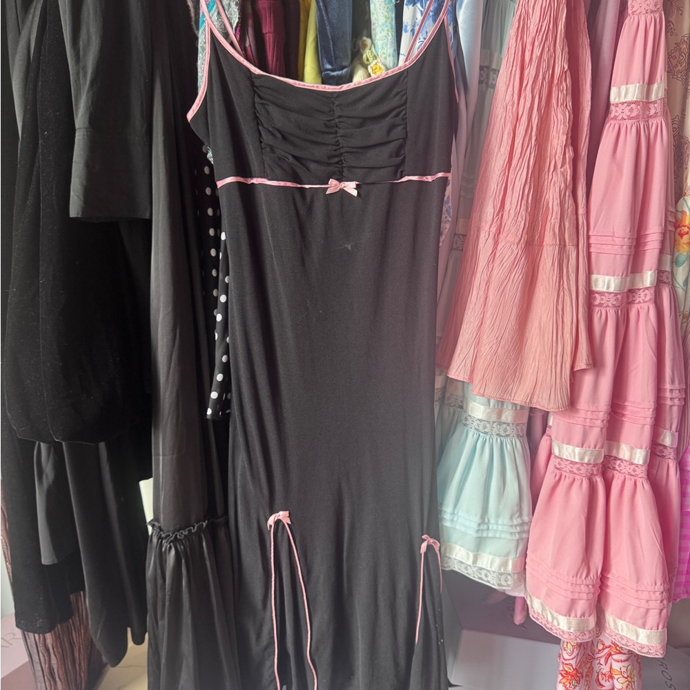 Vintage 90s Y2K Slip Dress Sleeveless Black Pink Bow Whimsigoth Size M